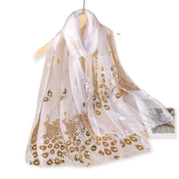 SALE Animal Print Stunning White and Gold Design Silk Feel Scarf - Picture 4 of 7